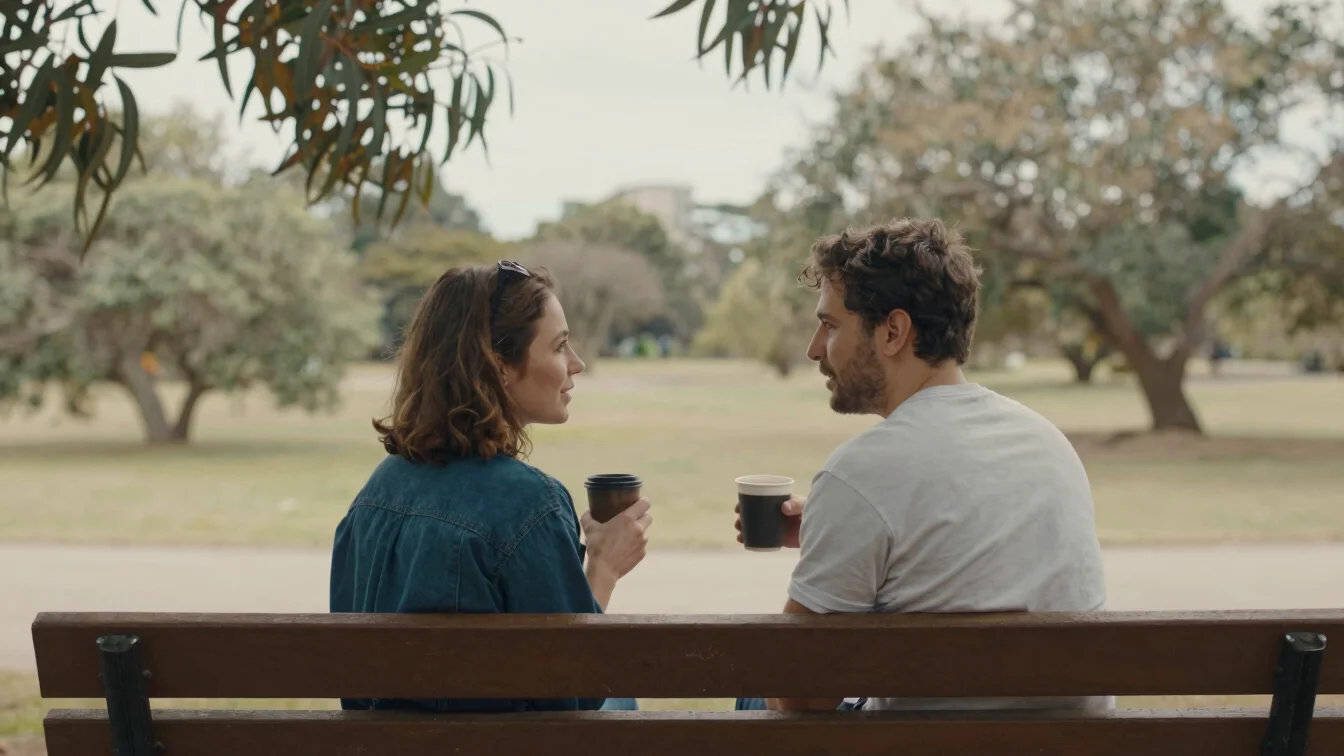 Candid 35mm photo of two people sharing coffee and conversation on an outdoor wooden bench under soft natural daylight,